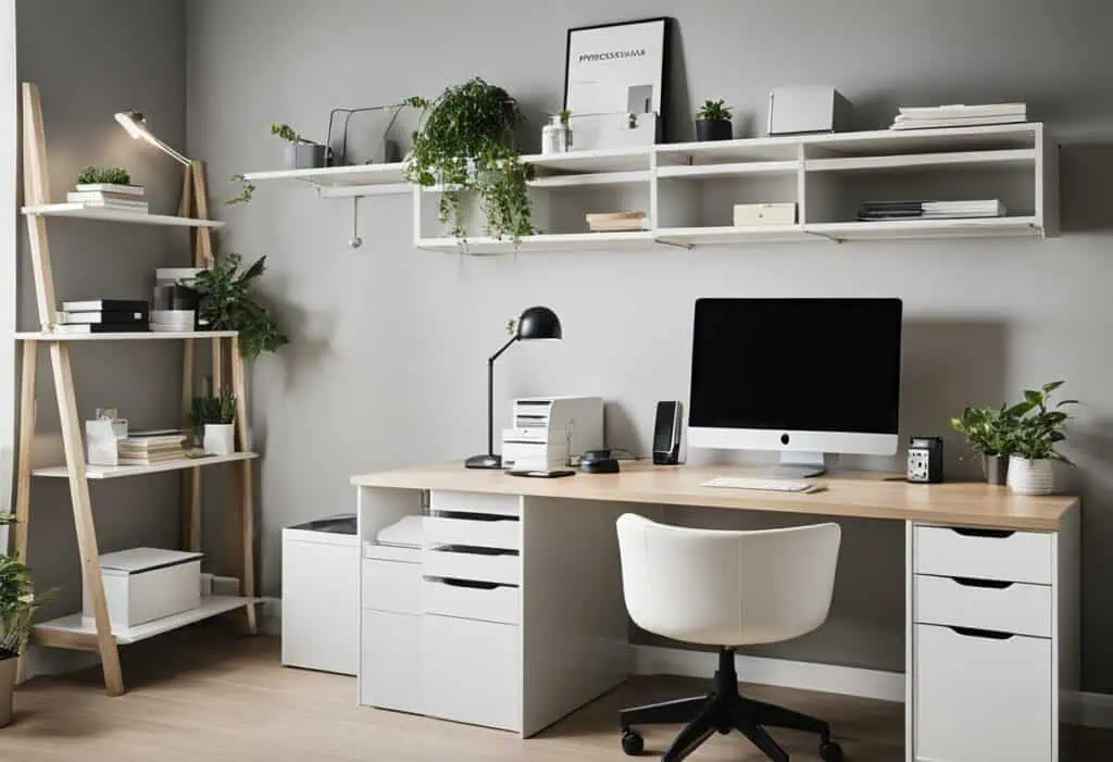 Efficient small office design with a sleek desk, organized shelves, and greenery for productivity.