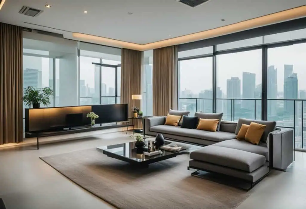 Elegant contemporary living room featuring premium furniture and city skyline views.
