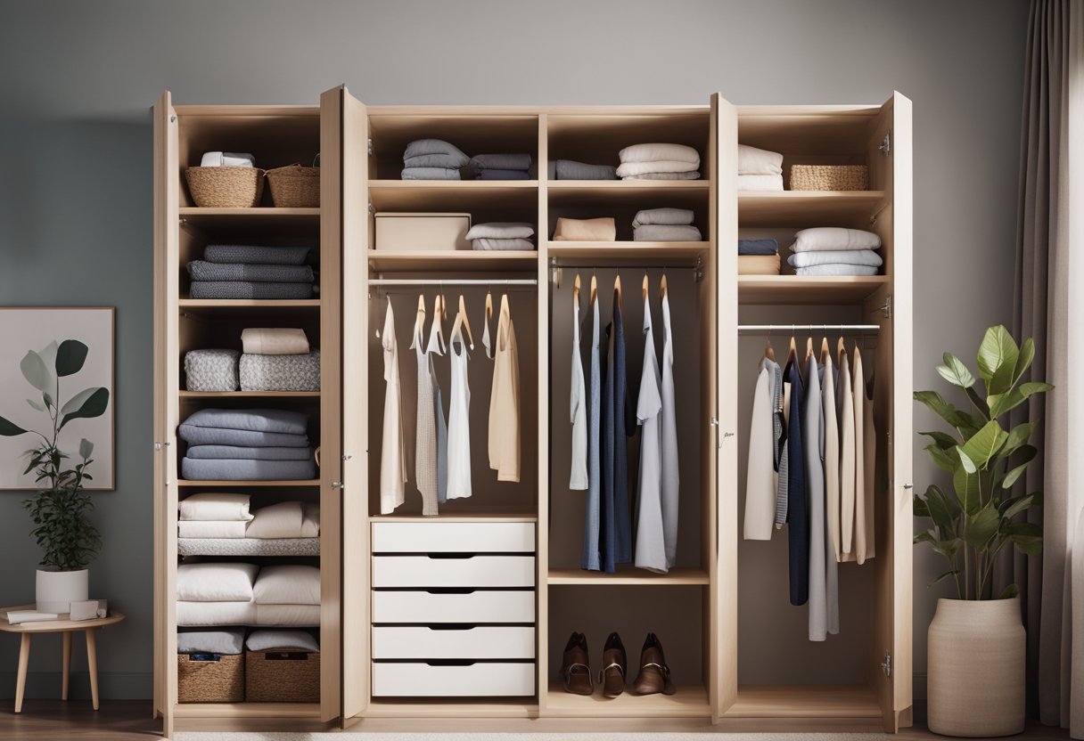 The bedroom wardrobe is neatly organized with shelves of folded clothes, hanging rods for dresses and shirts, and drawers for small items. The interior is well-lit with a soft glow, creating a cozy and inviting atmosphere
