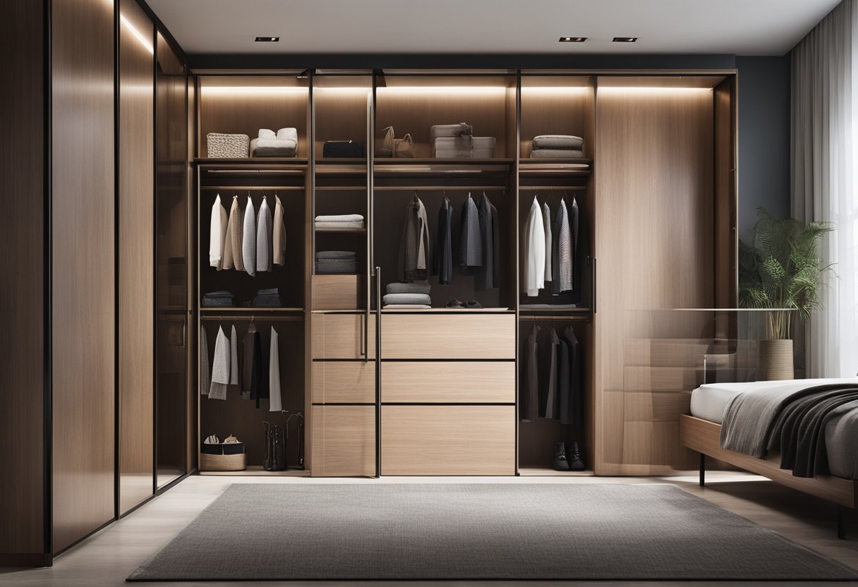 A modern bedroom wardrobe with sleek lines and glass panels, featuring wood and metal materials for a minimalist design aesthetic