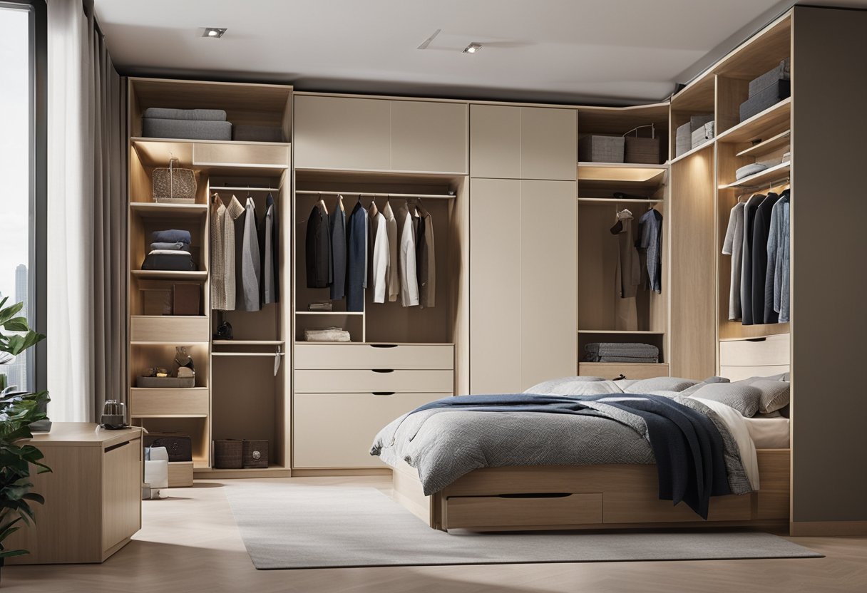 A spacious bedroom with a large wardrobe, featuring built-in shelves, drawers, and hanging space for maximum storage efficiency