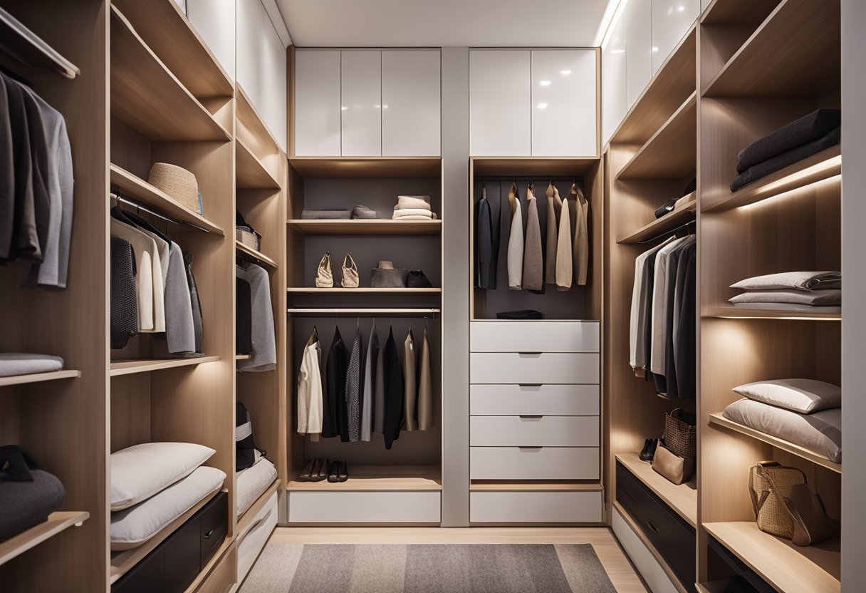 A neatly organized bedroom wardrobe with shelves, drawers, and hanging space. Bright lighting and a mirror add functionality to the cozy space