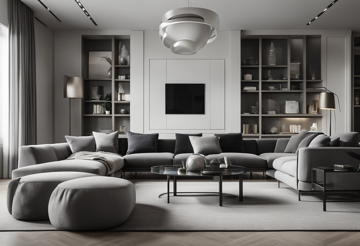 A sleek, monochromatic living room with clean lines, minimal furniture, and subtle luxury accents