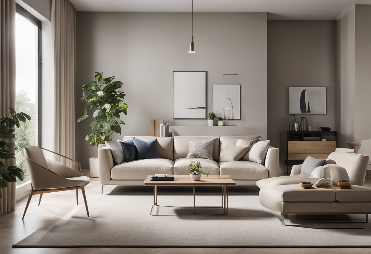 A sleek, modern living room with clean lines, neutral colors, and minimalistic furniture. A large, uncluttered space with natural light and simple, elegant decor
