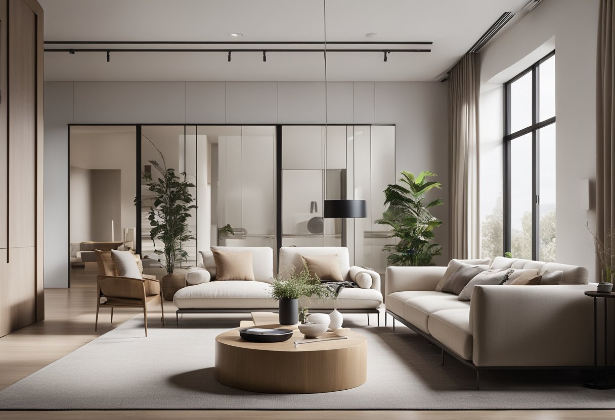 A spacious, uncluttered room with clean lines, neutral colors, and natural light. Modern furniture, sleek surfaces, and subtle textures create a sense of luxury and simplicity in the space