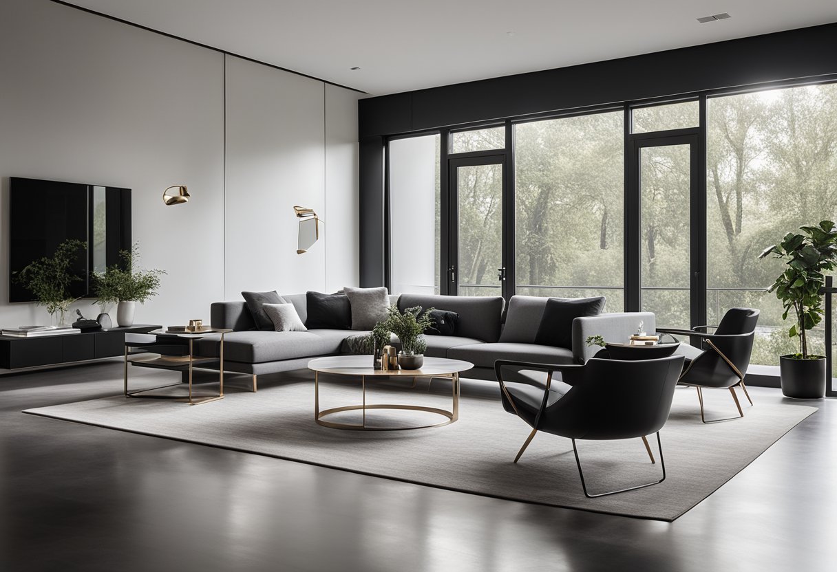 A sleek, monochromatic living room with clean lines, minimal furniture, and a pop of metallic accents. Large windows let in natural light, highlighting the luxurious simplicity of the space