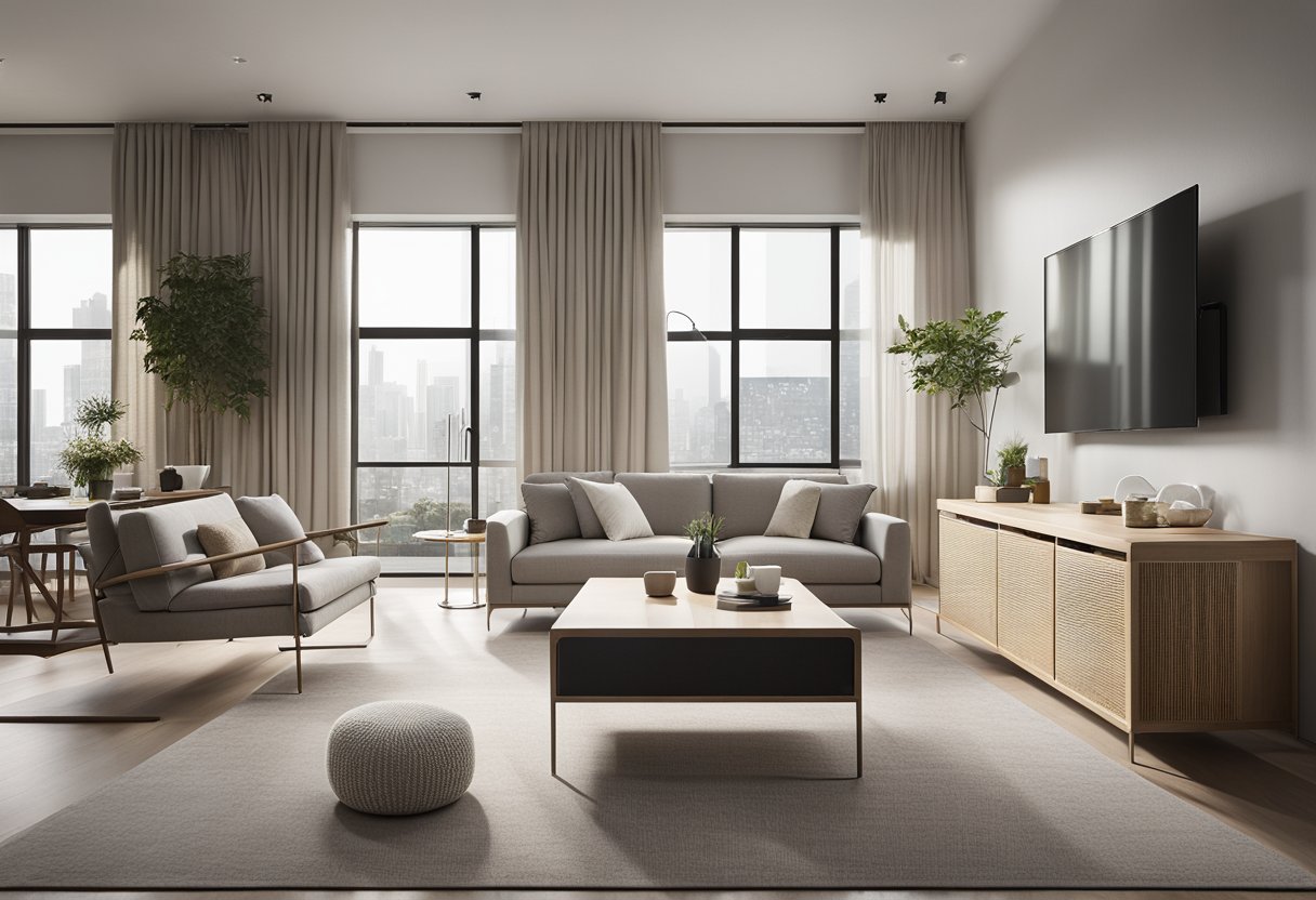The 3-bedroom condo is bathed in natural light, with minimalist furniture maximizing space. Clean lines and neutral colors create a sense of openness