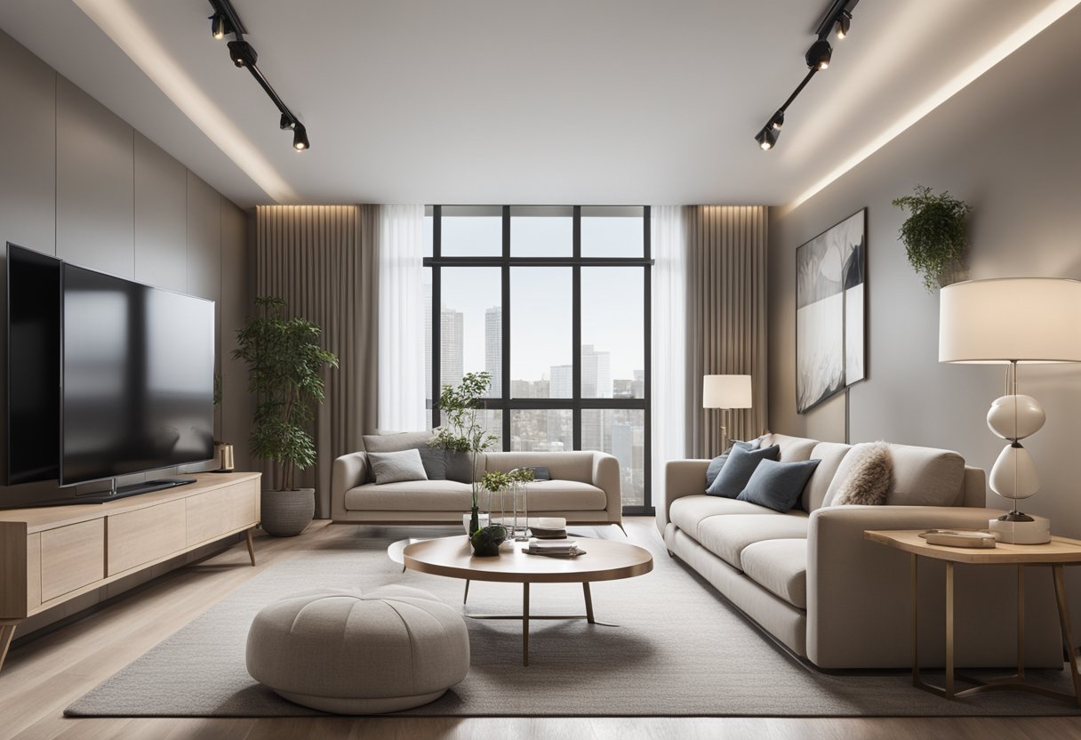 A modern 3-bedroom condo interior with sleek furniture, neutral color palette, and ample natural light