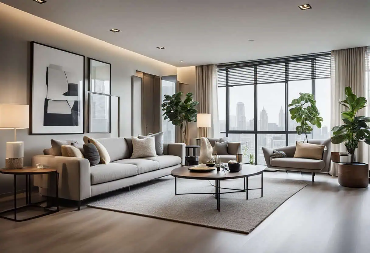 The 3-bedroom condo interior is modern and minimalistic, with neutral tones and clean lines. Simple yet stylish furniture and decor give a sense of sophistication while staying within budget
