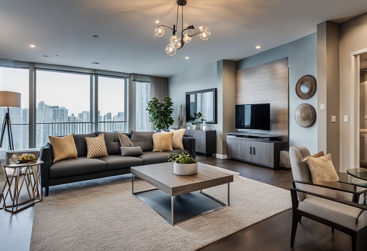 The 3 bedroom condo features modern furnishings, a spacious living area with a cozy fireplace, a sleek kitchen with stainless steel appliances, and a dining area with a large table and chairs