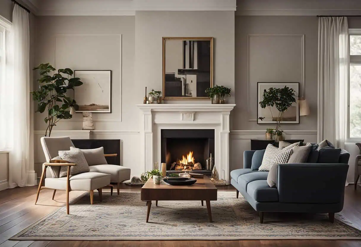 A cozy living room with a fireplace, hardwood floors, and classic furniture. A vintage rug and framed art adorn the walls, while natural light fills the space