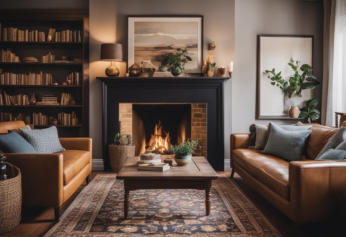 A cozy living room with a fireplace, wooden furniture, and a classic patterned rug. The walls are adorned with framed artwork and shelves display vintage collectibles
