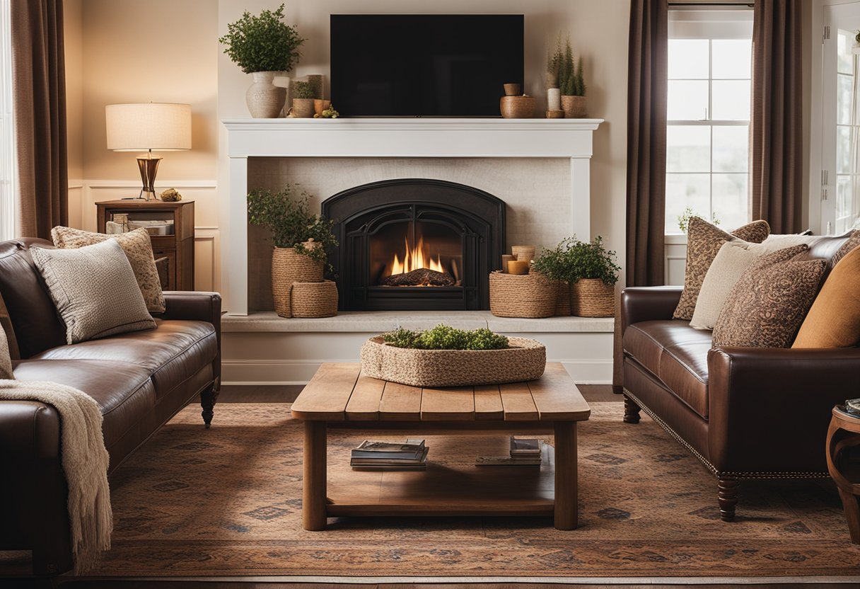 A cozy living room with a fireplace, wooden furniture, and a vintage rug. Classic American decor with warm colors and traditional patterns