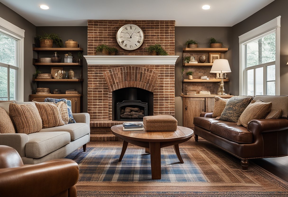 A cozy living room with a brick fireplace, wooden furniture, and a plaid sofa. A vintage rug and framed Americana artwork complete the traditional American interior design