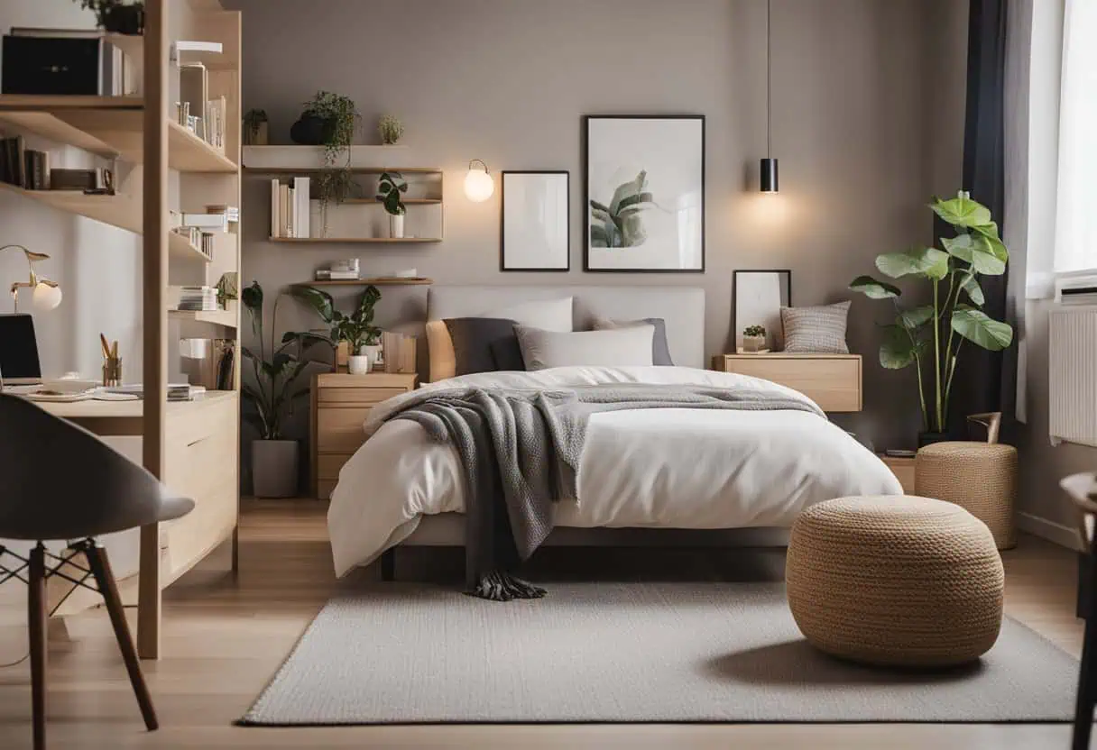 A cozy, clutter-free bedroom with a neutral color palette, a small bed, a compact study area, and clever storage solutions