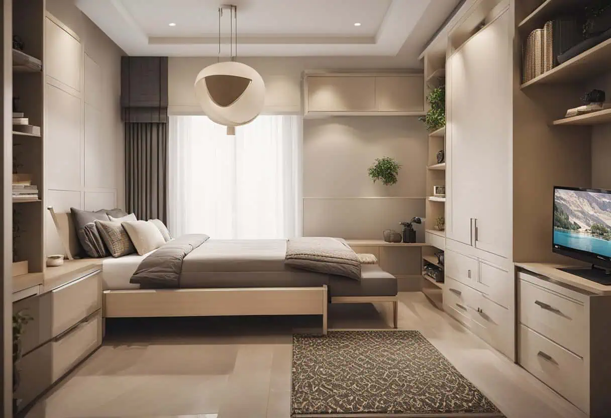 A small Pakistani bedroom with clever space-saving furniture, built-in storage, and a neutral color scheme