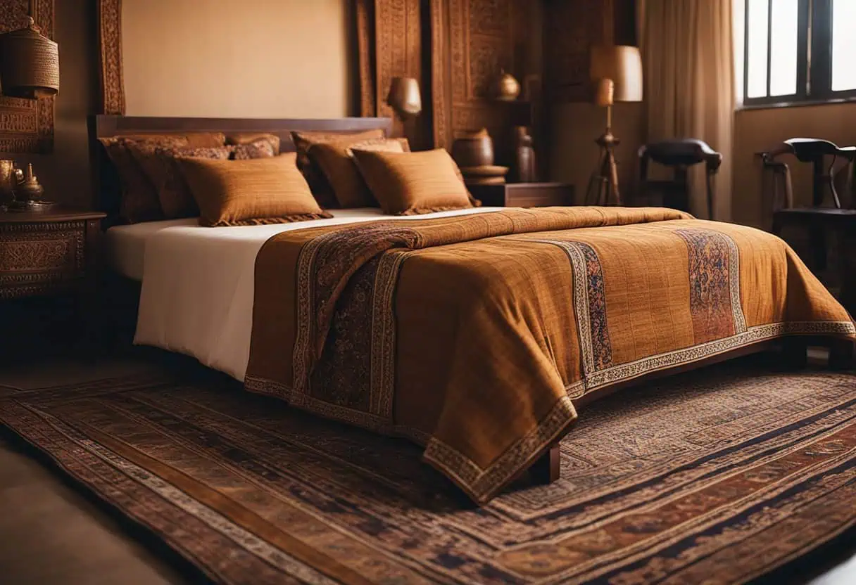 A cozy Pakistani bedroom with vibrant textiles, intricate wooden furniture, and a traditional rug on the floor. The room is filled with warm, earthy tones and features delicate, handcrafted details