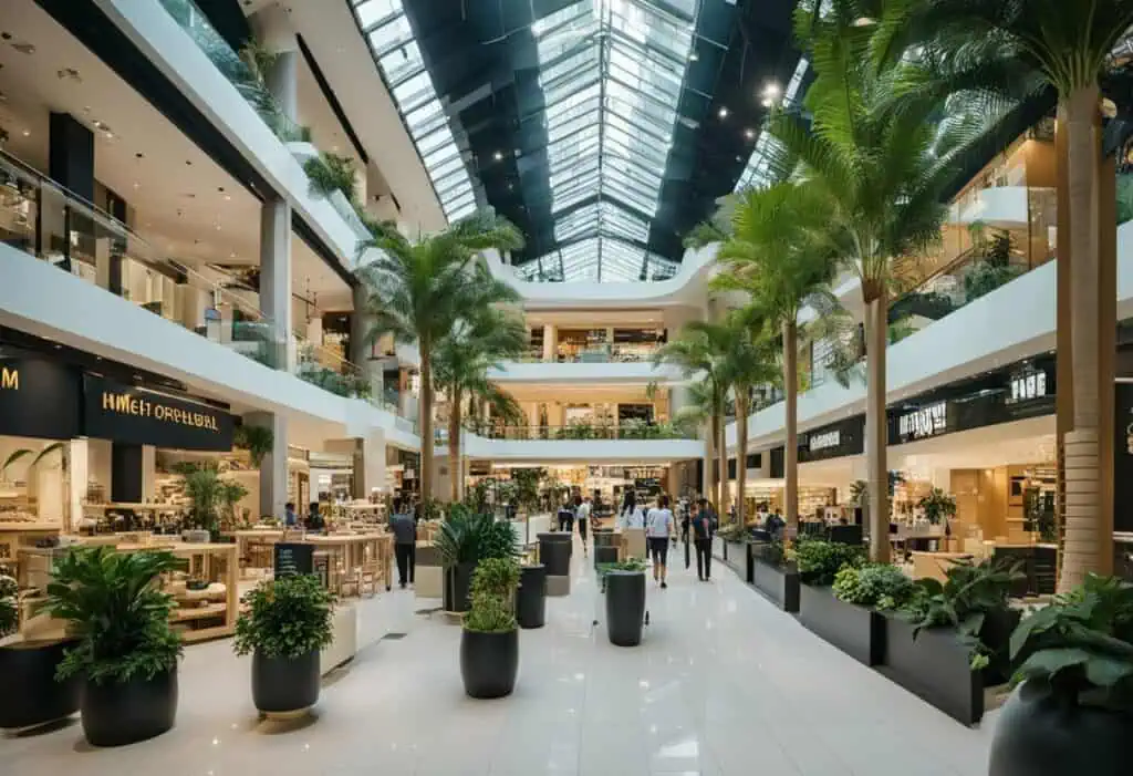 Spacious mall with palm trees, retail stores, and a glass ceiling for a bright shopping experience.