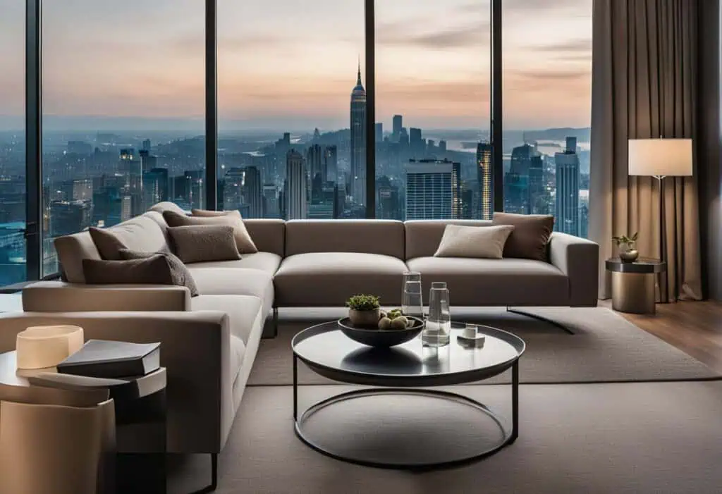 Elegant living room with panoramic city views, stylish furniture, and cozy decor for a sophisticated.
