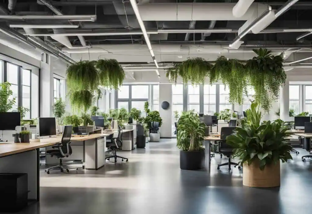 Office workspace with abundant plants and large windows promoting a healthy work environment.