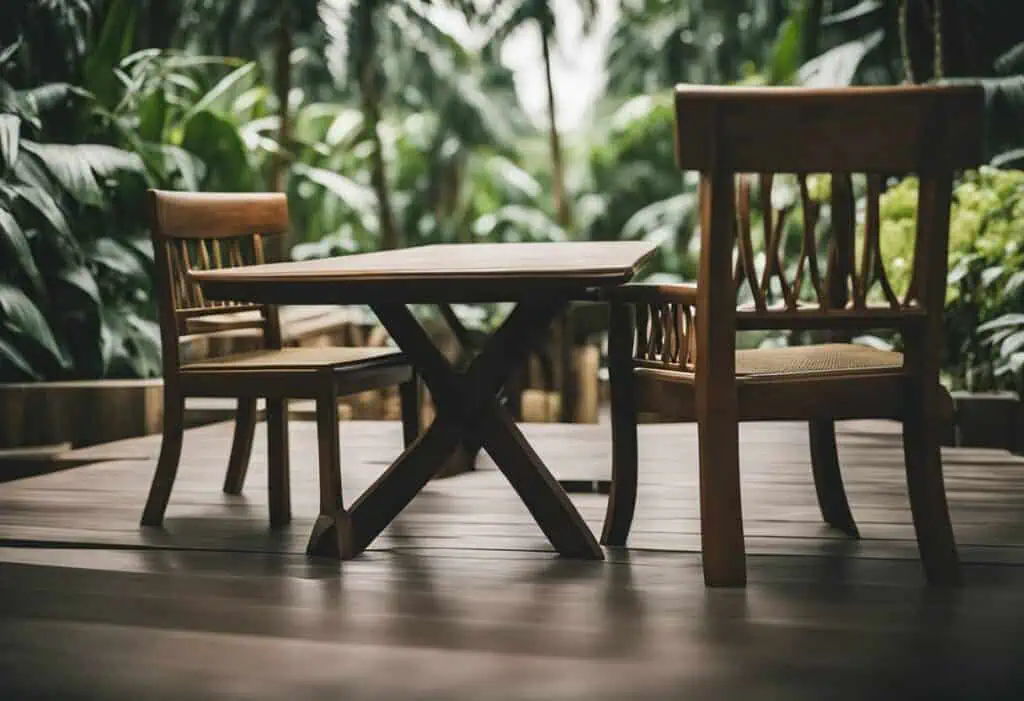Bali-inspired wooden furniture set with table and chairs, perfect for stylish indoor or outdoor spac.