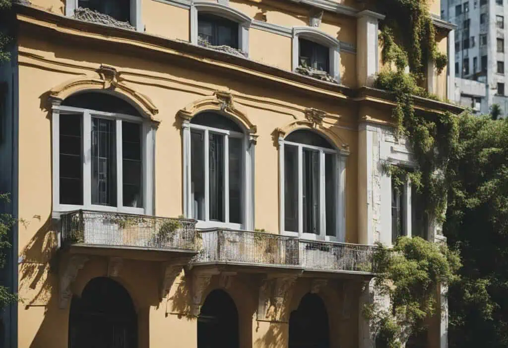 Elegant building exterior with classic architecture and lush greenery.