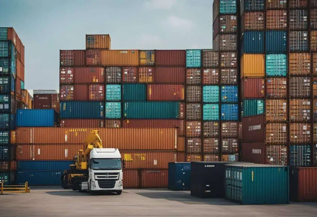 Cargo containers stacked at port with a truck ready for export to Singapore.