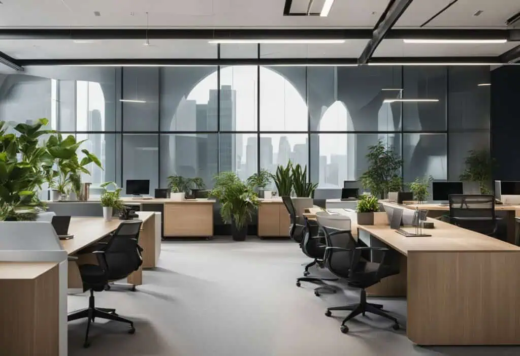 Impressive office design featuring spacious desks, ergonomic chairs, and lush green plants for a pro.