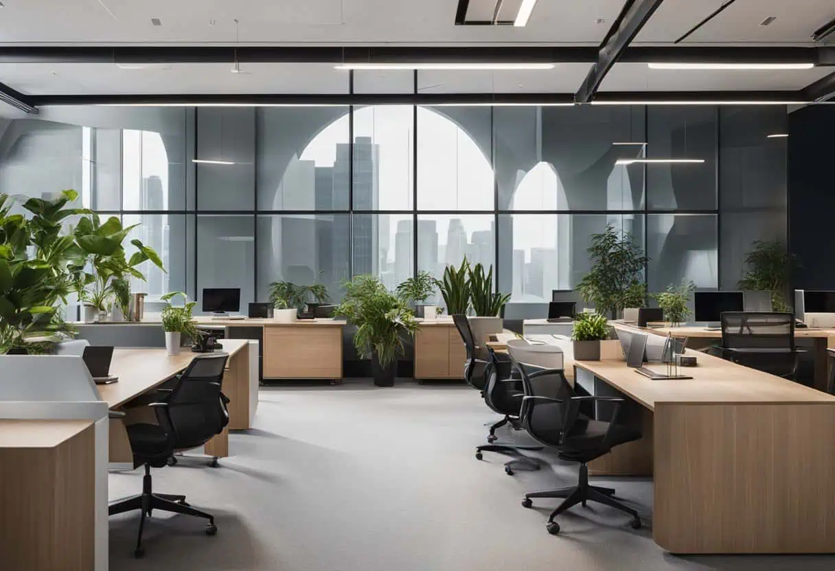 Impressive office design featuring spacious desks, ergonomic chairs, and lush green plants for a pro.