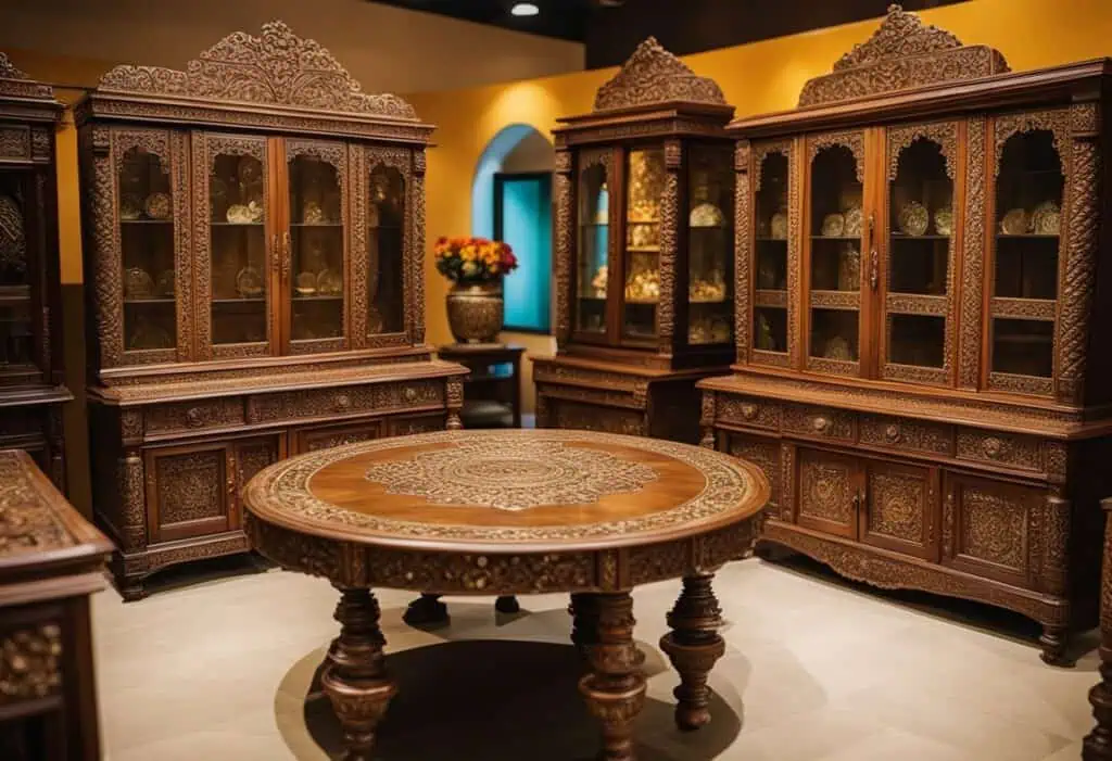 Indian antique furniture showcase with intricate carvings and rich wood finish.