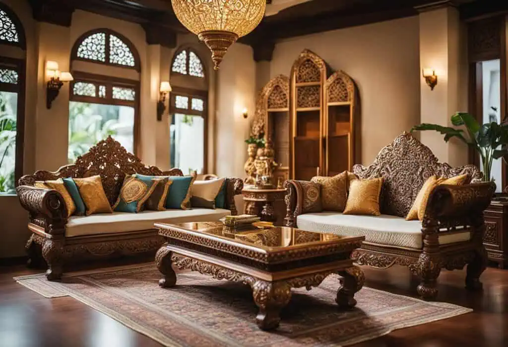Indian style furniture with intricate carvings and rich wood finishes for a luxurious home decor.