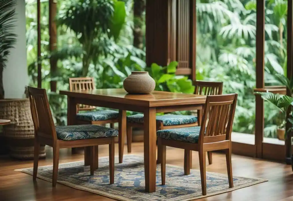 Indonesian furniture Singapore: Beautiful wooden dining table with lush tropical plants in a bright,.