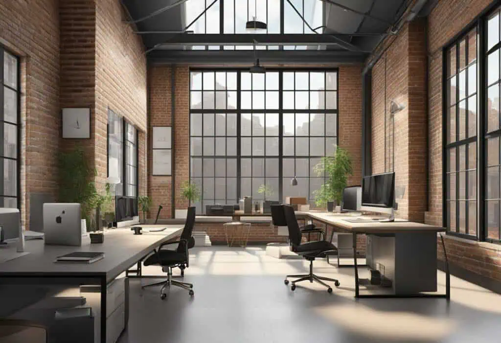 Modern industrial office with exposed brick walls and large windows for natural light.