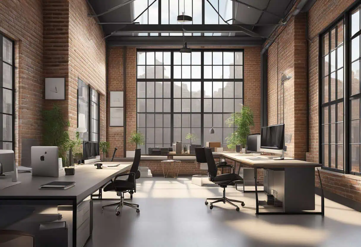 Modern industrial office with exposed brick walls and large windows for natural light.