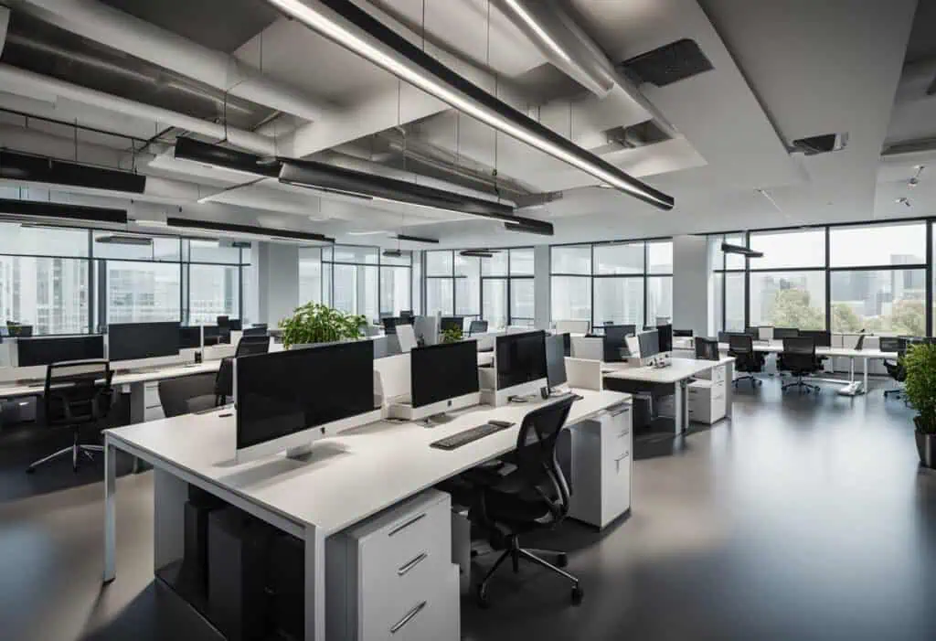 Bright, modern office with open layout, large windows, and ergonomic desks for productive workspaces.