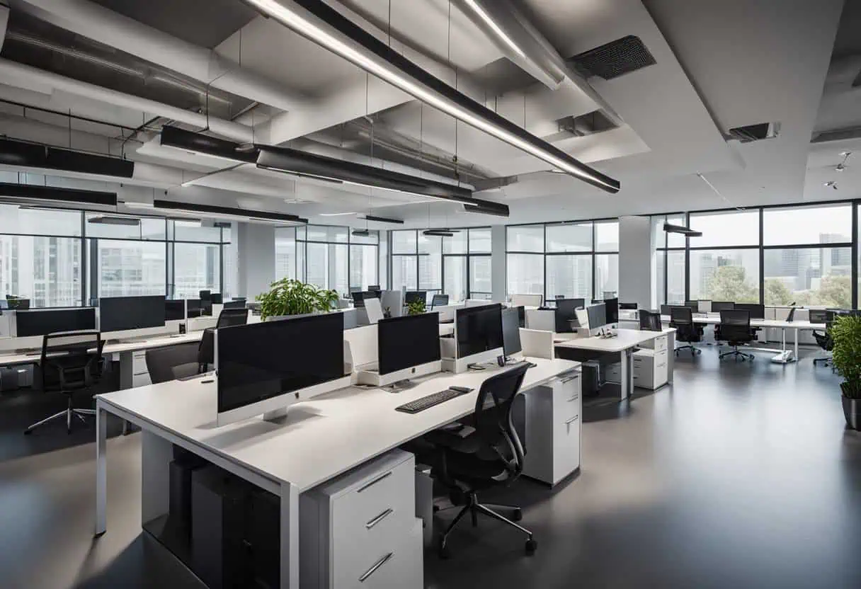 Bright, modern office with open layout, large windows, and ergonomic desks for productive workspaces.
