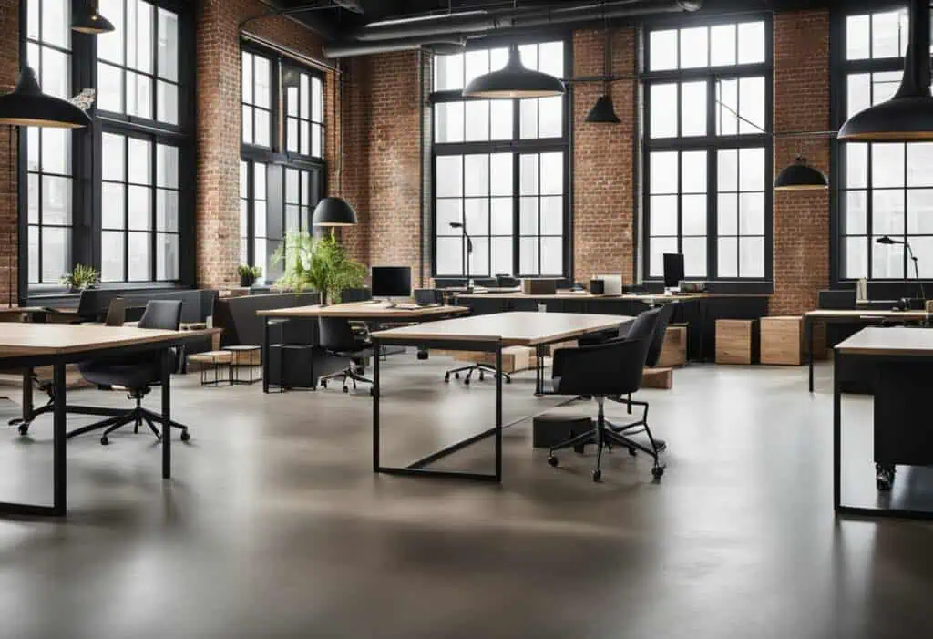 Spacious industrial warehouse office with large windows and modern furniture.