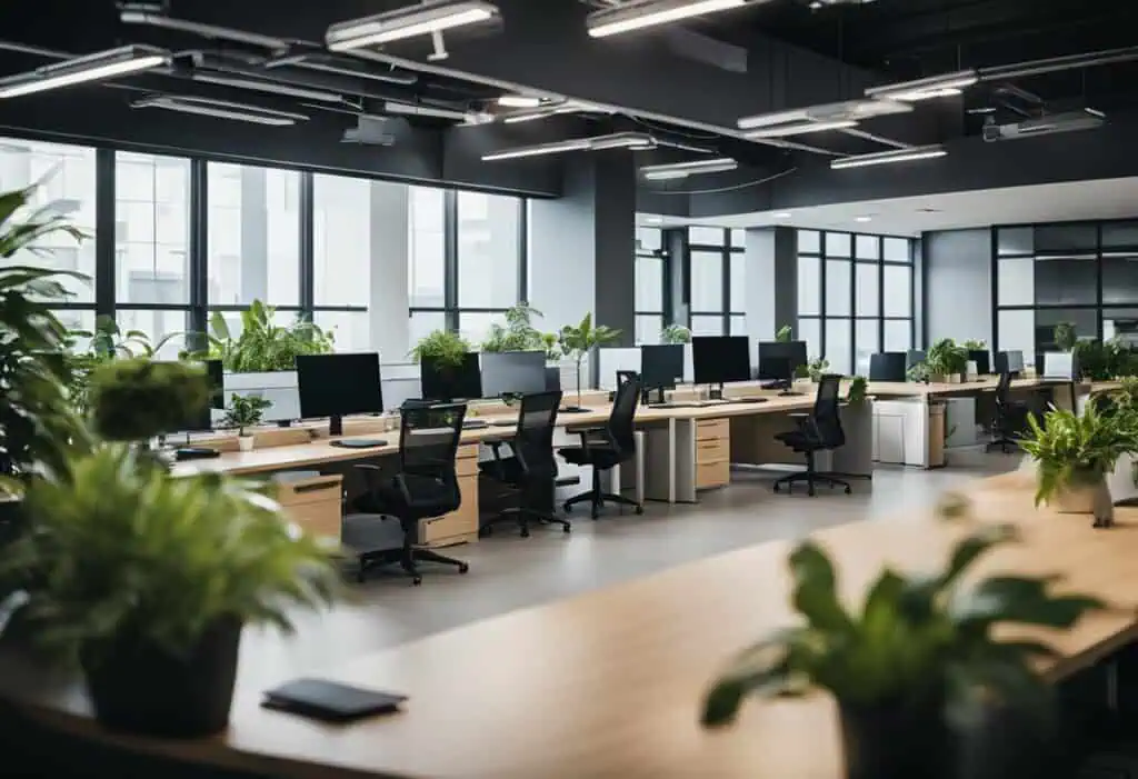 Bright, open-plan office with ergonomic desks, black chairs, and lush greenery for a productive work.