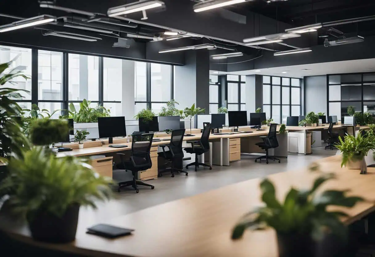 Bright, open-plan office with ergonomic desks, black chairs, and lush greenery for a productive work.