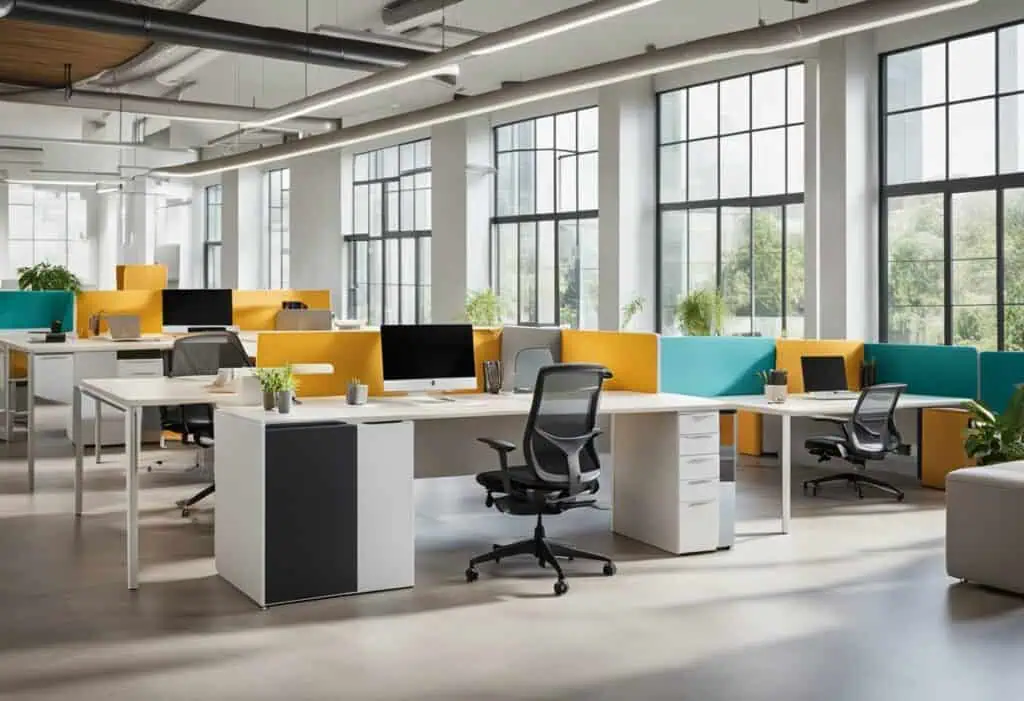 Bright, open office with colorful seating, large windows, and ergonomic desks to enhance productivit.