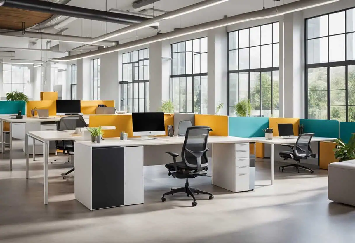 Bright, open office with colorful seating, large windows, and ergonomic desks to enhance productivit.