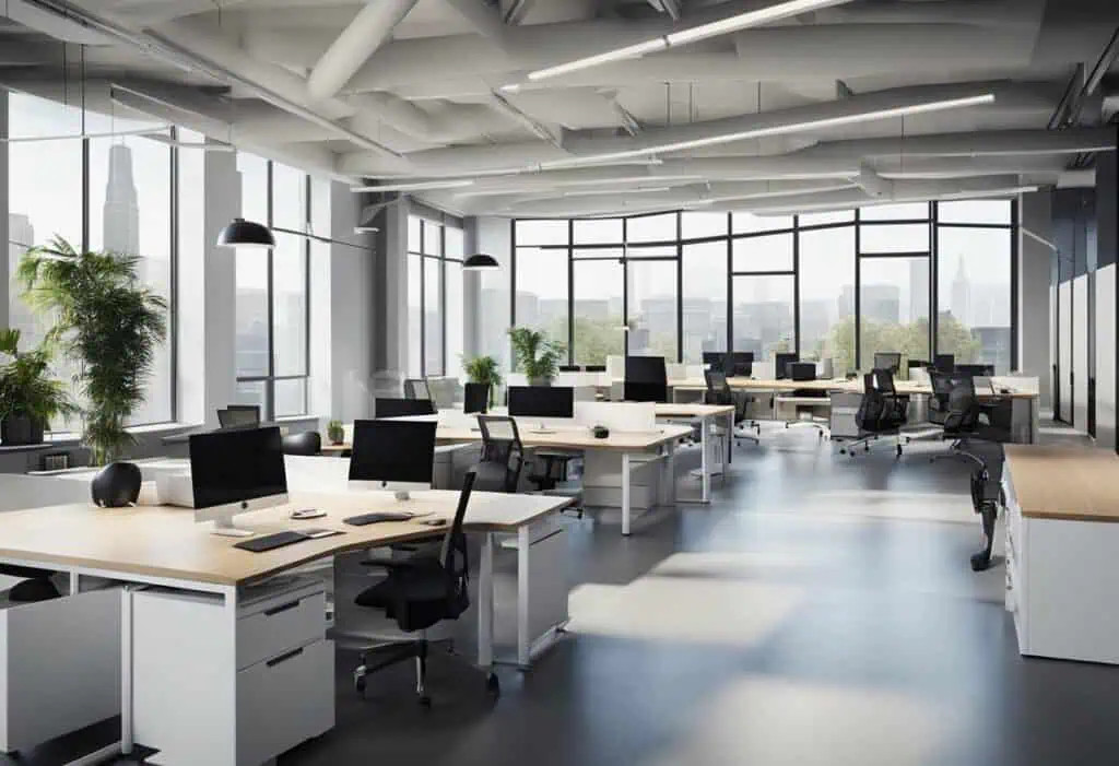 Innovative office furniture design featuring ergonomic desks and chairs in a bright, spacious worksp.