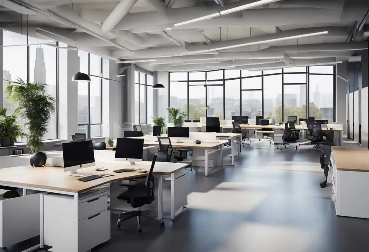 Innovative office furniture design featuring ergonomic desks and chairs in a bright, spacious worksp.