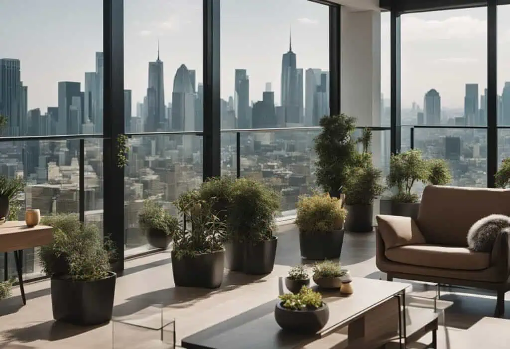 Balcony interior with large windows, urban skyline, and decorative greenery for outdoor space enhanc.