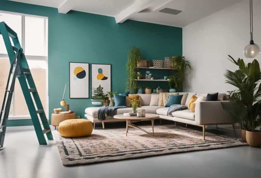 Bright modern living room with teal accent wall, cozy sofa, and contemporary decor elements.