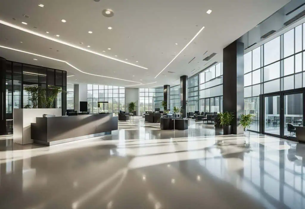 Spacious office lobby featuring sleek furniture, large windows, and modern lighting for a profession.