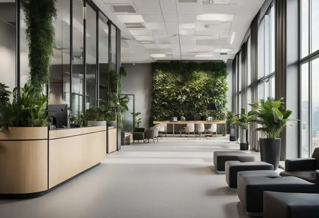 Elegant reception area featuring contemporary design, large windows, and vibrant plants for a profes.