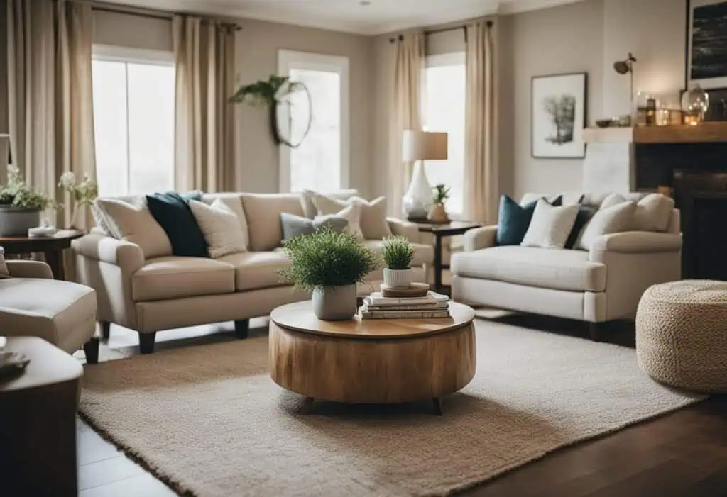 Elegant living room with neutral tones and cozy furniture for budget-friendly interior updates.