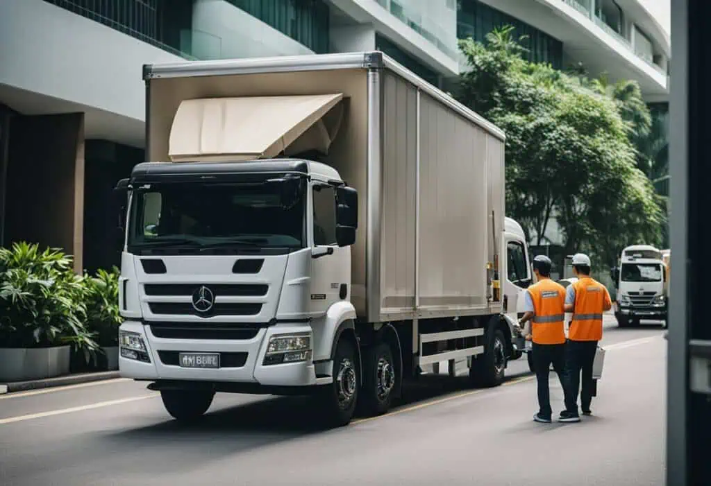 Professional furniture moving truck in urban setting for international relocation.