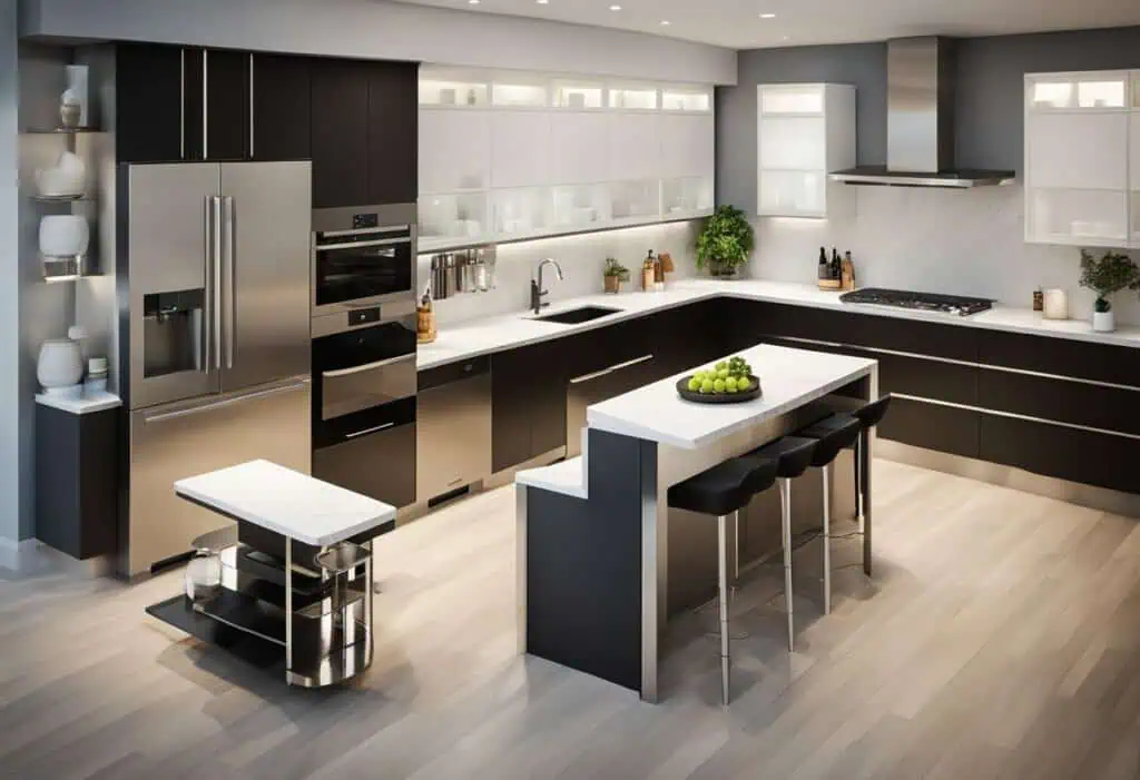 Sleek modern isometric kitchen with black and white cabinetry and island.